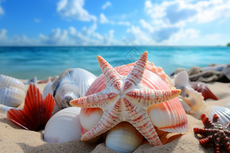 夏日沙滩上的贝壳和海星图片