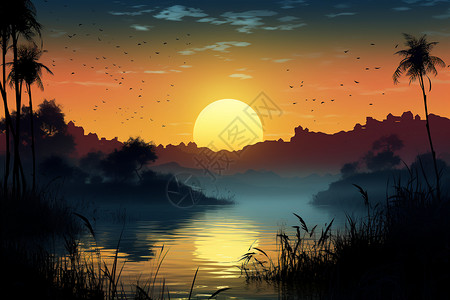 山间湖泊的夕阳景观图片