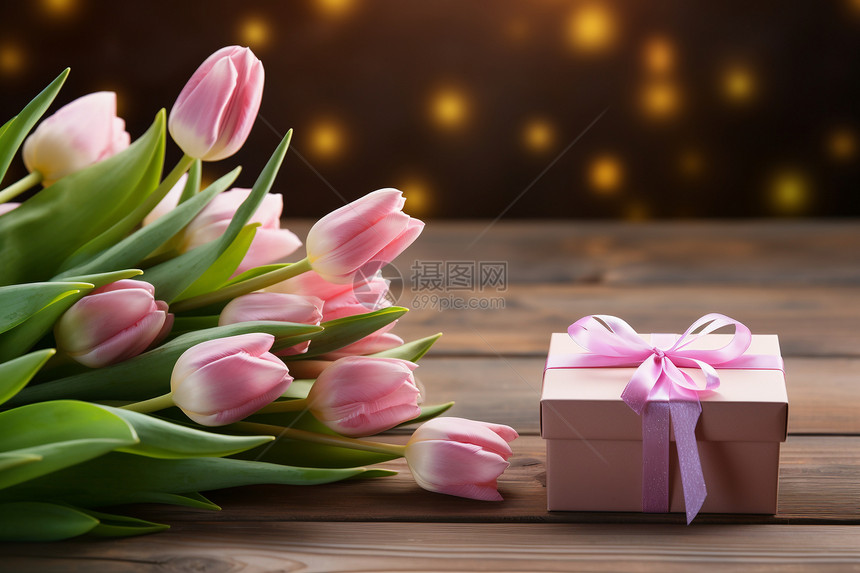 木桌上的郁金香花束和礼物图片
