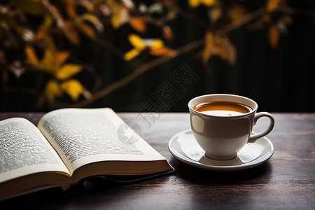 咖啡杯旁摊开的书本图片