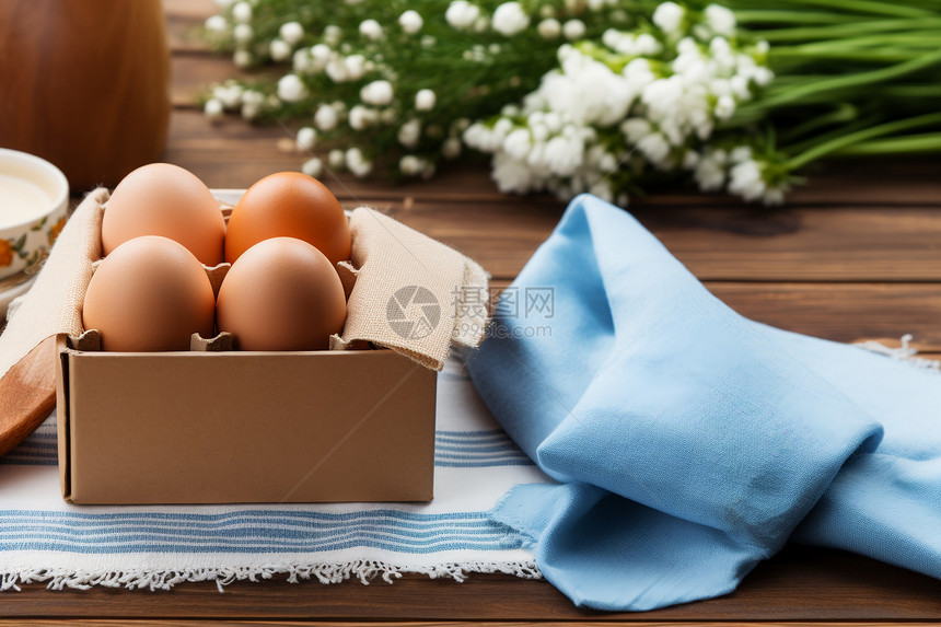 木盒中新鲜的鸡蛋图片