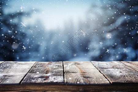 大雪覆盖的土地冬季雪中的木桌设计图片