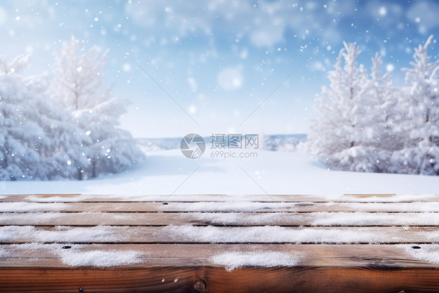 雪中的木质长椅图片