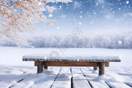 雪中公园冬季公园里的木桌设计图片