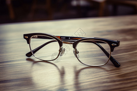 布朗框架眼镜木桌上的眼镜框架背景