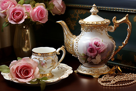 古典波浪花纹精致的古典茶具背景