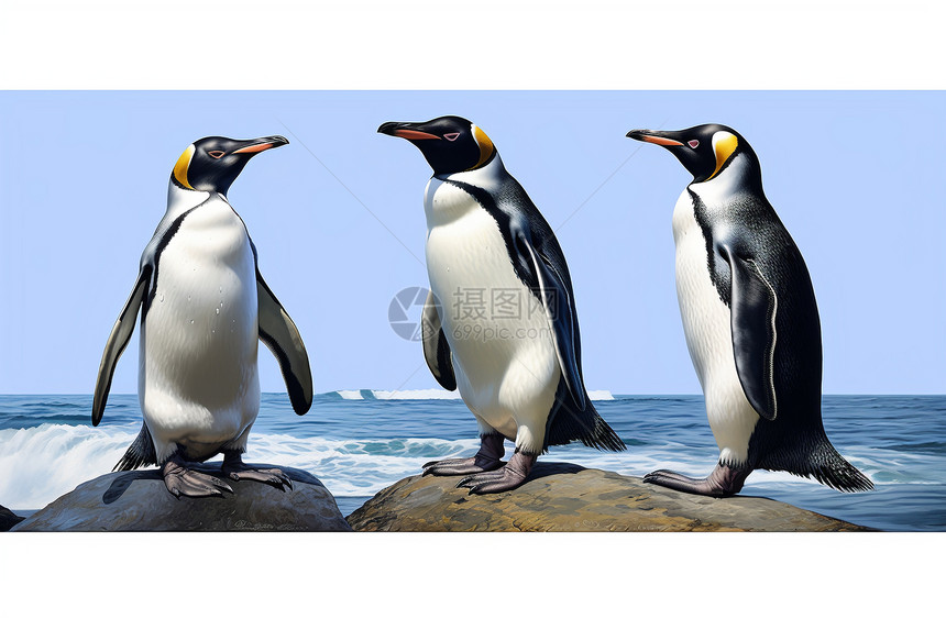 海边石头上的三只企鹅图片