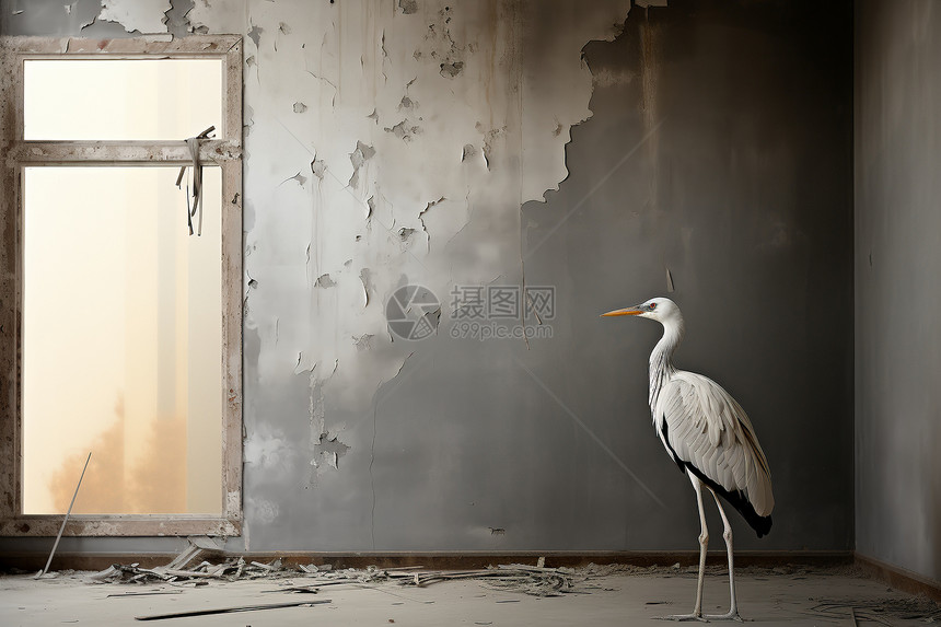 破旧的房间里有一只白鹤图片