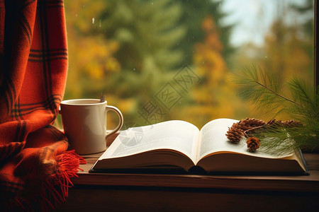 窗台上的一本书和一杯咖啡背景图片