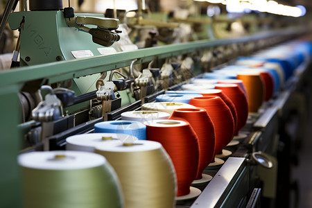 自动纺织生产线上的机器与线轴图片