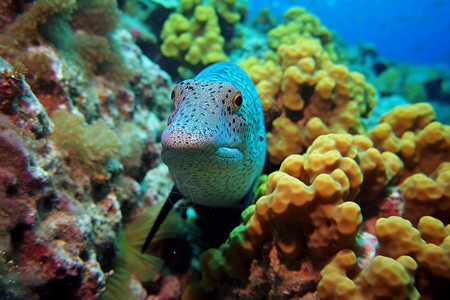 蓝珊瑚蓝鱼在海洋珊瑚礁上自由游动背景