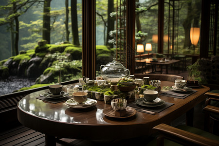 缥缈竹林间的茶馆背景图片