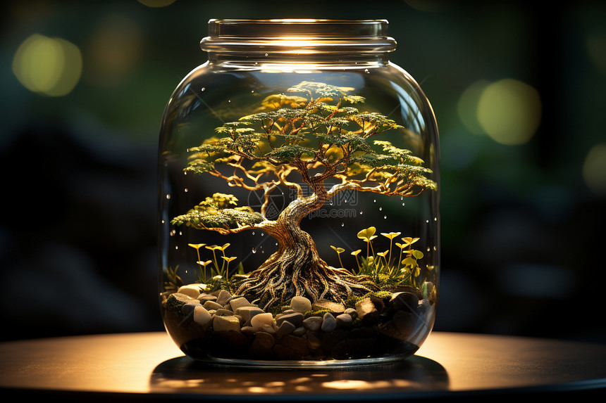 玻璃罐装满闪闪发光的硬币和植物图片