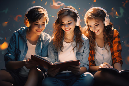 三个女生带着耳机坐在地板上朗读背景图片