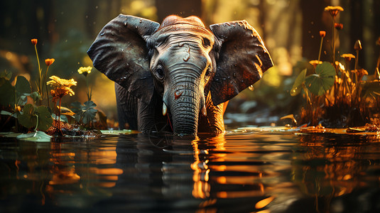 非洲森林喝水的大象插画