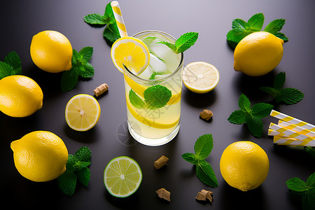 杯子里的新鲜柠檬水背景图片