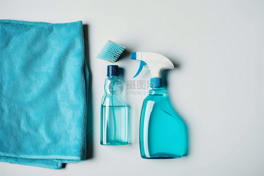 清洁的喷雾瓶和毛巾图片