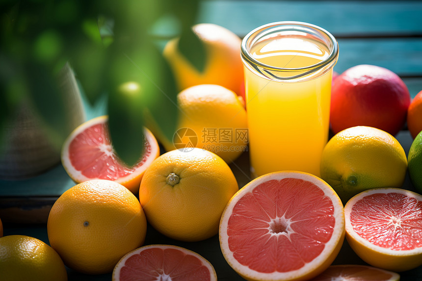 清新健康的果汁和水果图片