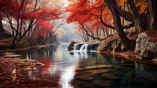 美丽的枫树和河流图片