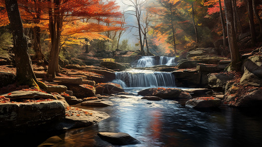 秋天的河流瀑布图片