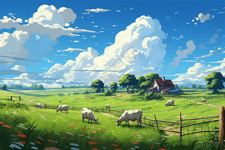 绵羊在草地上吃草背景图片