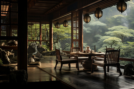 深山中的茶馆背景图片