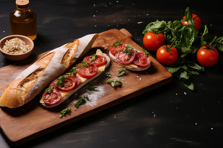 菜板上的面包和西红柿图片