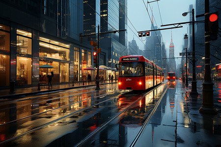 城市街道中的红色电车图片