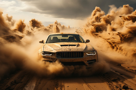 沙漠中急速行车的跑车沙尘高清图片素材