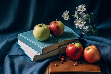 书籍与苹果摆设的小木桌高清图片
