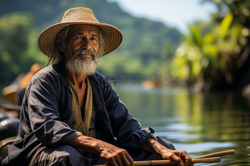 河岸边的老年渔民图片