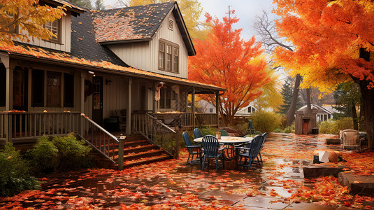 木屋前的落叶背景图片