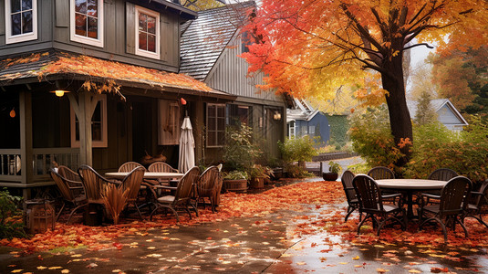 秋季建筑前的落叶背景图片