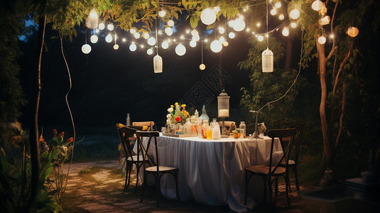 户外浪漫的桌椅和灯具图片