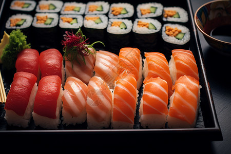 新鲜制作的日式寿司套餐背景图片
