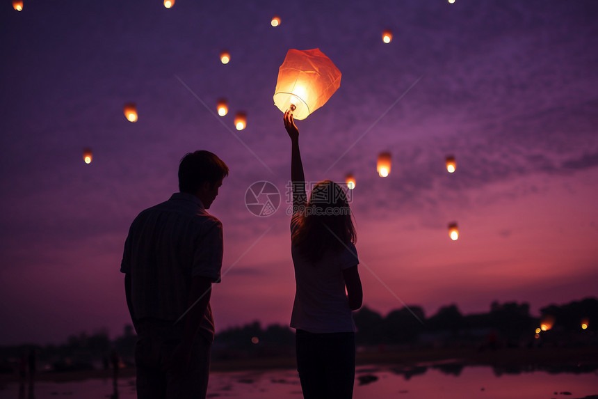 夏季湖边放孔明灯的浪漫情侣图片