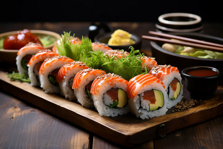 餐盘上的日式寿司背景图片