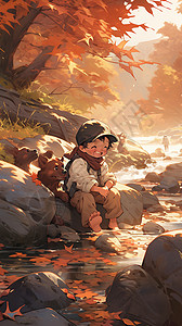 秋季森林溪边玩耍的小男孩背景图片
