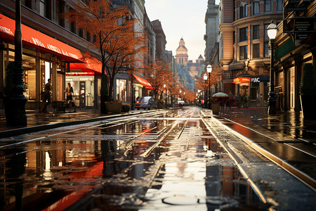 雨水冲刷后的城市街道高清图片