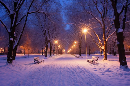 雪中街灯映照的雪景公园图片
