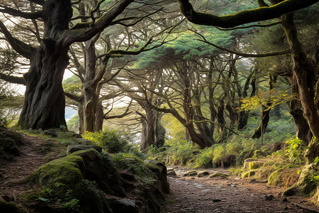 神秘的森林树木景观背景图片