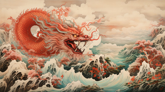 海中的神龙国风插图背景图片