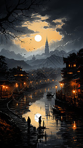 古镇景观夜晚的水乡景观插画