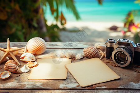 艺术木头海滩上的贝壳艺术背景