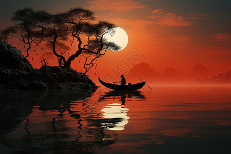 夕阳下孤独的渔船图片
