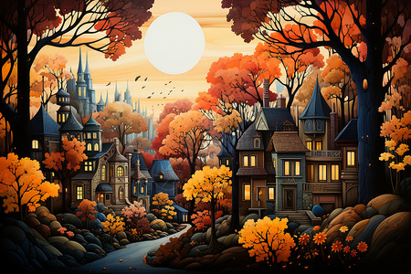 充满秋天色彩的城市背景图片