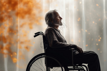 轮椅上的白发老人背景图片