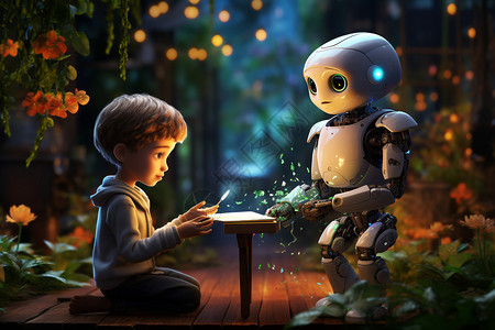 超声传感器与机器人互动的男孩插画