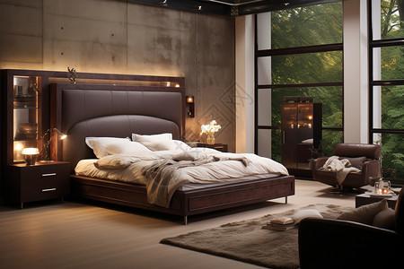 森林家具窗外森林的大床卧室背景