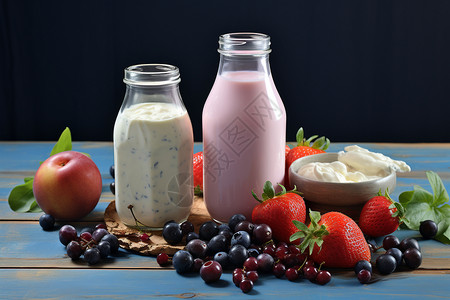 冷藏酸奶两瓶奶和水果在蓝色的桌子上背景